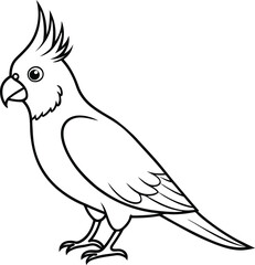 A bird of Cockatiel outline vector art black and white color illustration with no background design, Cockatiel standing style for printable line art icon.