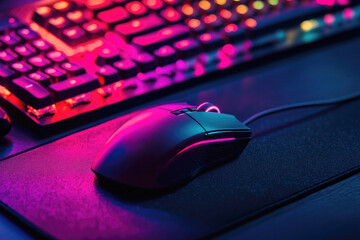 RGB-lit gaming mouse with a glowing keyboard in the background, representing a vibrant gaming setup with neon lighting.