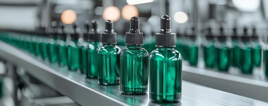 Industrial production line creating rows of green hair care bottles, showcasing automation in a high-tech cosmetic manufacturing facility