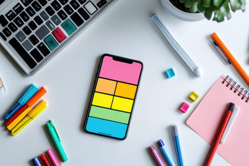 Naklejka premium A smartphone with a colorful sticky note grid on the screen, placed on a desk with colorful office supplies and a laptop keyboard, creating an organized and creative work environment.