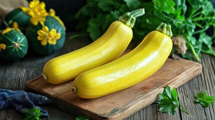 Fresh yellow squash on a wooden cutting board, ready for preparation and cooking.