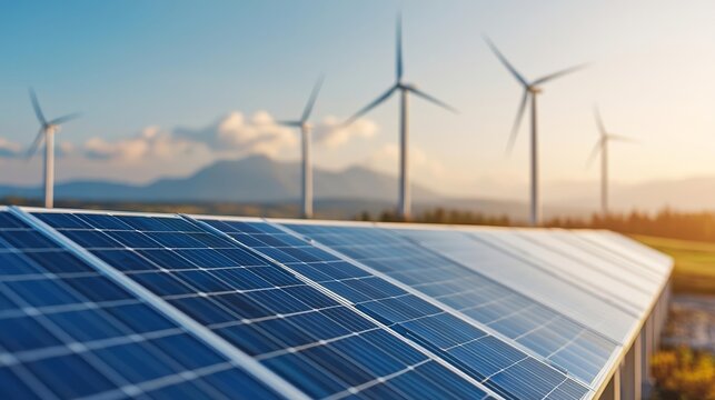 Solar-powered manufacturing plant with wind turbines towering in the distance, sustainable energy solutions in modern industry