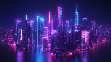 Fototapeta premium Neon night city of the future. night panorama of the city, neon light, lights of a large metropolis, high-rise buildings. 3d illustration. City at Night. Illustration