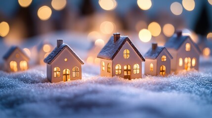 Cozy Christmas village with warm glowing lights and snowy rooftops