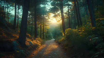 Obraz premium Sunlight Through Trees Forest Path Landscape Illustration