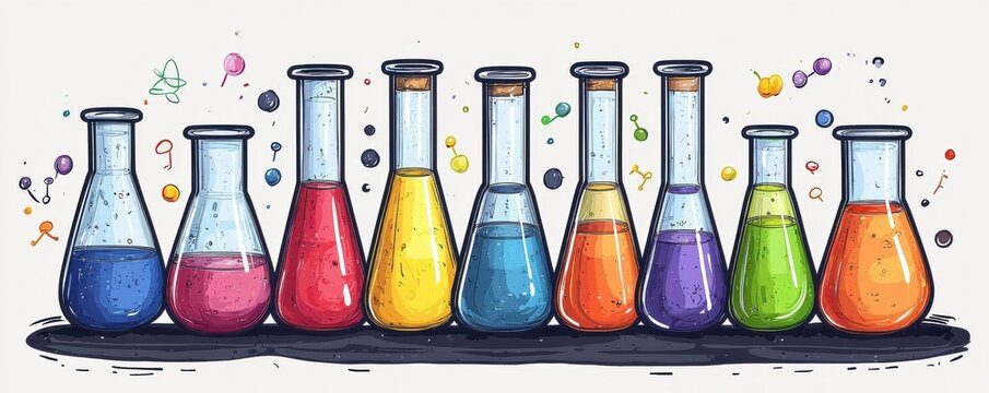 recommend clip art: Colorful clip art illustration of science lab equipment with beakers and test tubes filled with vibrant liquids