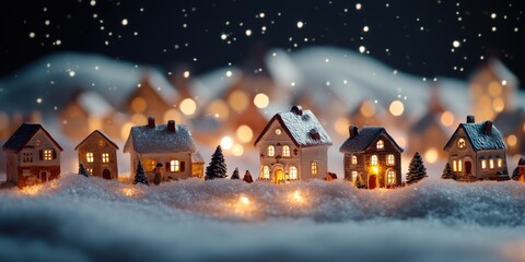 Fototapeta premium Cozy Christmas village with warm glowing lights and snowy rooftops