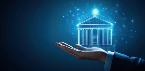 Digital bank building hologram floating above a hand against a futuristic virtual background