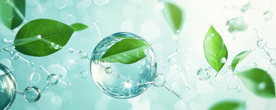 Illustration of water molecules with green leaves showcasing natural science and environmental connection