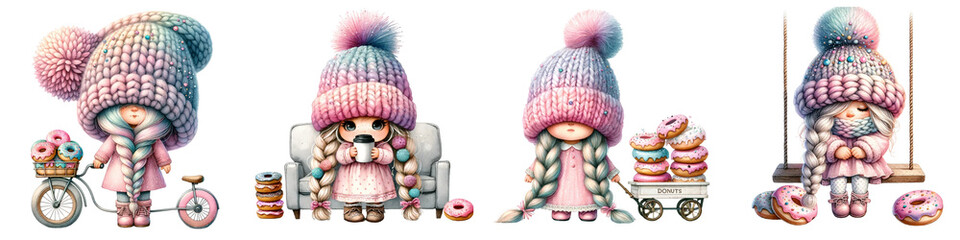 Fototapeta premium Four whimsical characters with oversized knitted hats and playful expressions, each accompanied by sweet treats like donuts and baskets.