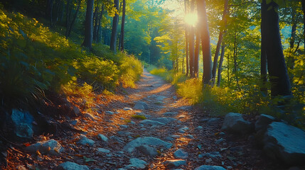 Obraz premium Sunlit Forest Path with Stone Pathway - Illustration