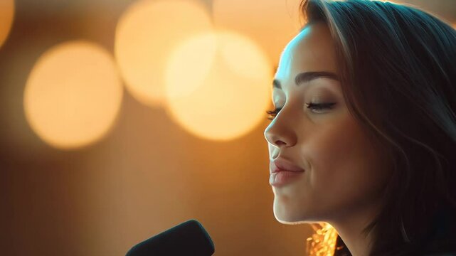 The woman captivates the audience with an inspiring speech during an evening event, illuminated by soft, warm lighting that enhances the atmosphere.