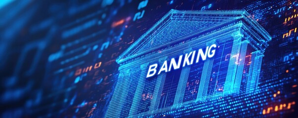 Digital banking concept with binary code and finance icon in blue technology theme