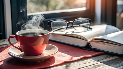 Steaming coffee cup with book and glasses by window, warm morning reading moment