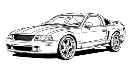 Fototapeta premium A black and white illustration of a classic sports car. The car is drawn in a simple, cartoon style.