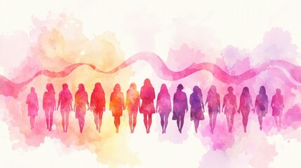 A colorful watercolor illustration of diverse women figures standing in a row, symbolizing unity, empowerment, and strength.