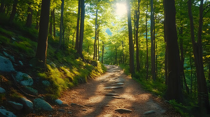 Obraz premium Sunlight Through Trees on a Forest Path Illustration