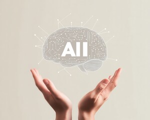 Digital brain concept with AI technology letters floating above hands symbolizing innovation and artificial intelligence