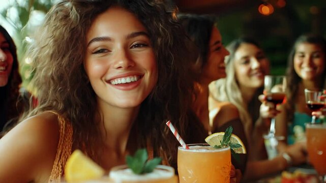 A group of smiling multi-ethnic women cheers with colorful cocktails at a cafe, enjoying their time together and sharing moments of joy over lunch.