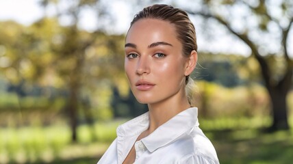 A stunning woman with flawless skin, her facial features glowing softly in natural light, embodying timeless beauty