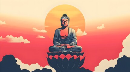 of a Buddha figure sitting in a meditative lotus pose against a vibrant sunset skyline  The Buddha has a determined expression