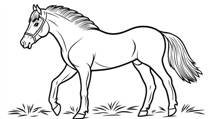 A black and white illustration of a horse with a bridle, standing in a field of grass. The horse is drawn in a simple, cartoon style.
