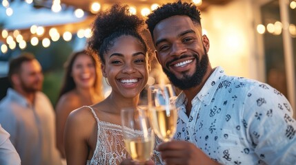 Hosting a housewarming party, a young couple enjoys celebrating with friends and family.