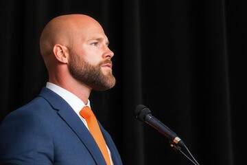 Business professional giving a keynote speech at a PR event, representing brand messaging and public speaking in public relations Keynote speech, PR event