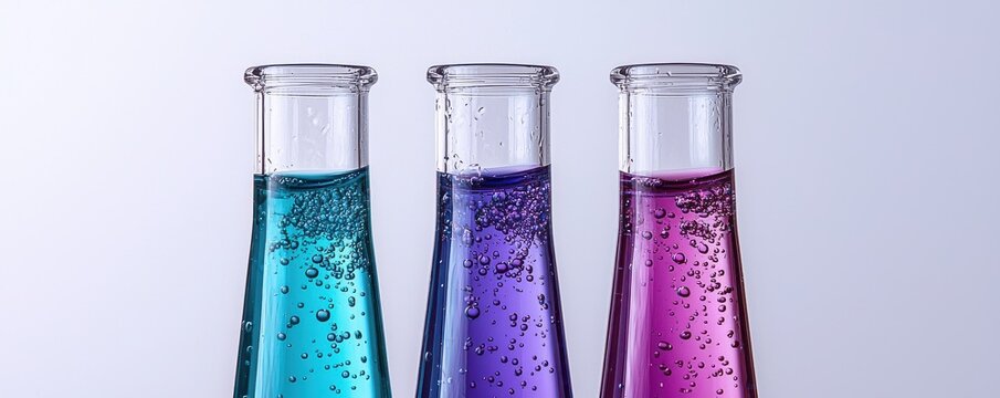 Close-up of three test tubes in a beaker containing vibrant purple and blue liquids with bubbles in a laboratory setting