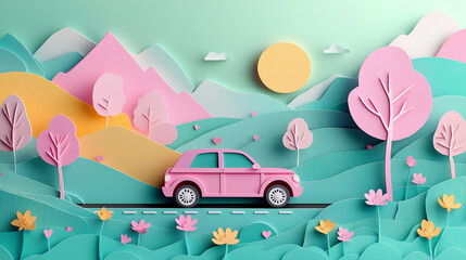 A cute cartoon vector illustration of: A car road trip ,paper cut style pastel color Trees, flowers on both sides of the road, and mountains in the background.