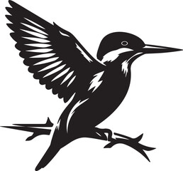 An animal of Kingfisher silhouette vector art, kingfisher bird icon illustration without background black color design, kingfisher seting on a tree and looking for hunt.