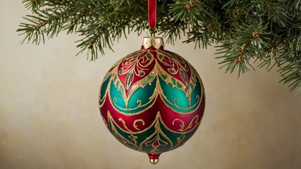 Ornate Holiday Ornament Hanging From a Christmas Tree Branch in a Cozy Indoor Setting