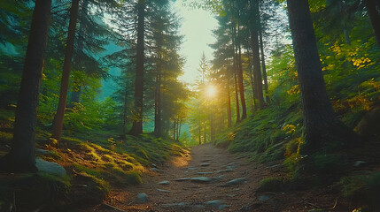 Obraz premium Forest Pathway Sunlight Through Trees Illustration