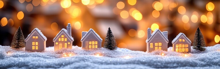 Cozy Christmas village with warm glowing lights and snowy rooftops