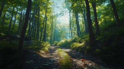 Obraz premium Forest Path Sunlight Through Trees Illustration