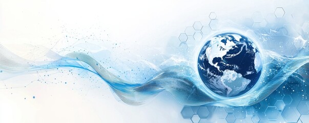  background with blue and white wavy lines featuring a globe with a futuristic technology theme