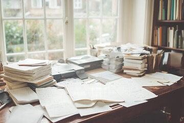 Messy Desk With Books  Papers  and Pens