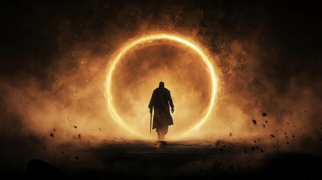 Kalki avatar emerging from a portal of light, symbolizing the end of the current age, Kalki avatar, divine future, cosmic