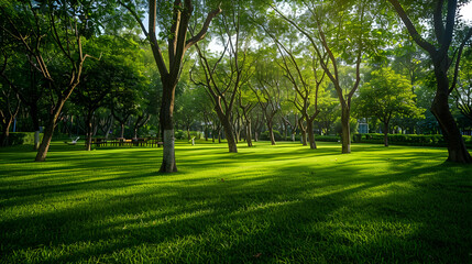 Fototapeta premium Tranquil Summer Park Lush Green Grass and Sunlight Through Trees