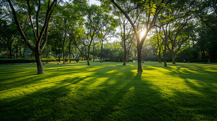 Fototapeta premium Serene Park Landscape with Lush Greenery and Sunlight