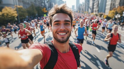 Young man marathon runner is taking a selfie picture while running a marathon, crowd of other runners and big city view in the background