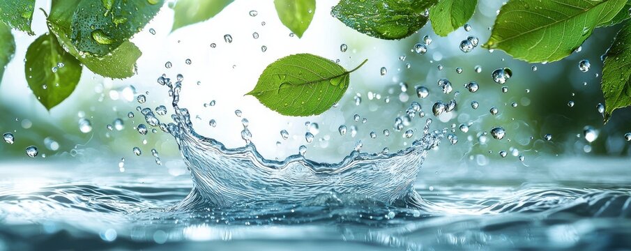 Dynamic water splash in circular shape with fresh green leaves conveying energy and nature on white background