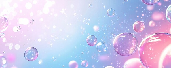 Colorful transparent bubbles floating against a soft pastel gradient background creating a whimsical and dreamy atmosphere