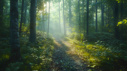 Fototapeta premium Sunbeams Through the Trees Realistic Forest Illustration