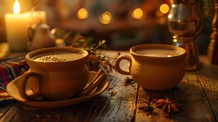 Fototapeta premium Warm Clay Cups of Tea with Spices and Candlelight