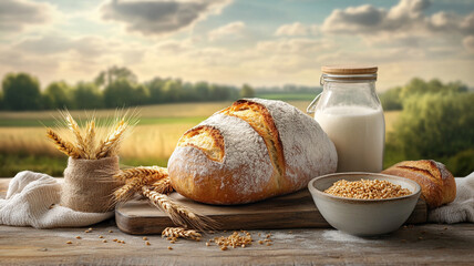 Freshly baked bread with milk and wheat on rustic table, evoking warmth and comfort