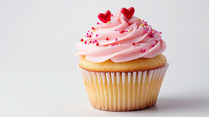 Delicious cupcake with pink frosting and heart shaped decorations