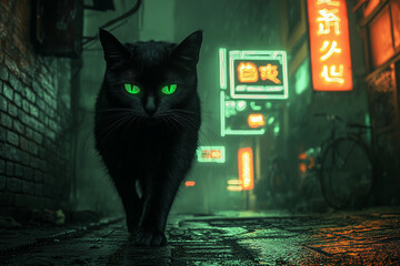 stealthy black cat with piercing green eyes walking through a rainy neon-lit alley on a dark and eerie night