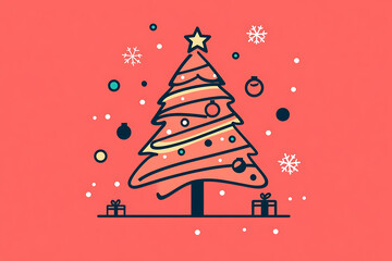 A minimalist flat art design of a Christmas tree, featuring simple lines and shapes to represent the festive symbol. 