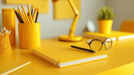 Professional yellow office dÃ©cor, including yellow stationery and accessories.